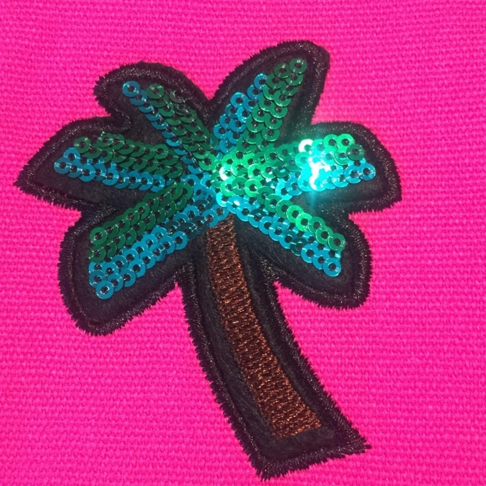 TARTE Tropical Neon Pink Cosmetic Bag Sequined Palm & Pineapple Clutch Gold Zip - Picture 4 of 7